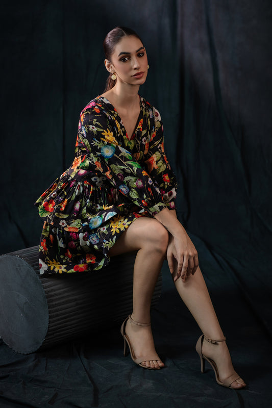 Midnight Bloom Tiered Mini Dress