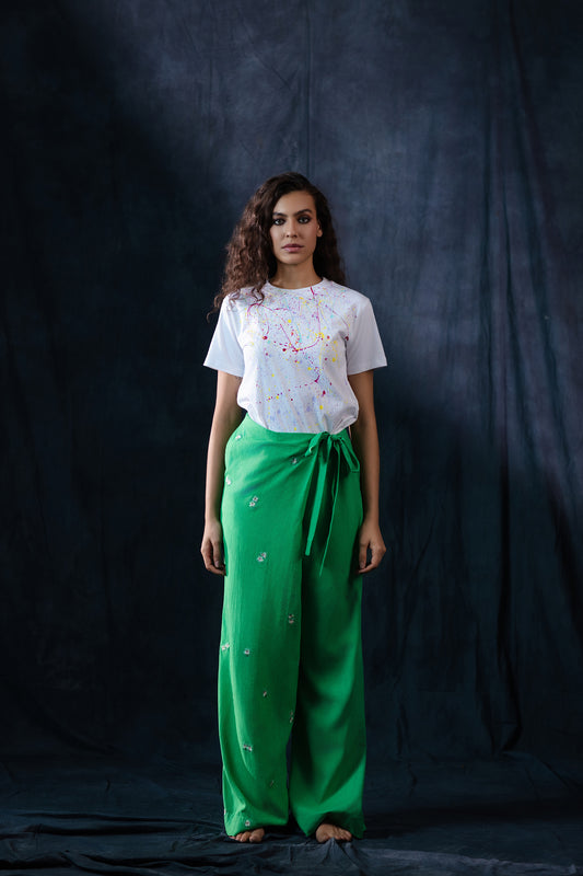 Meadow Green Embroidered Wrap Pants